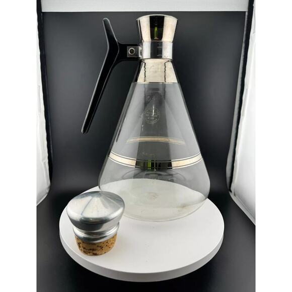 Vintage Atomic Inland Glass Coffee Carafe Silver Stripes W/Cork Stopper Top MCM - Picture 5 of 6